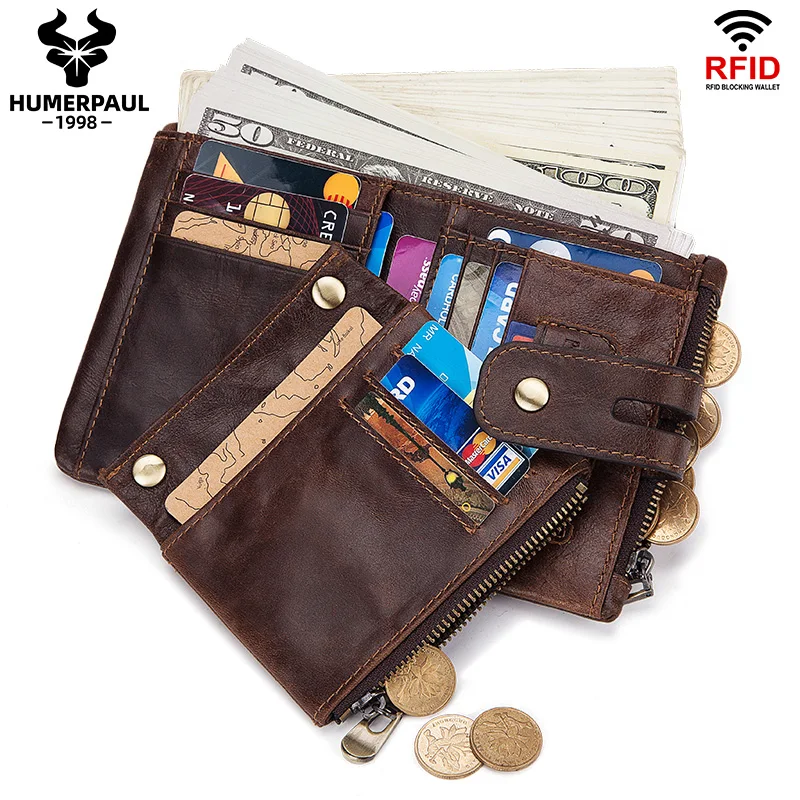 
HUMERPAUL 2020 RFID Genuine Cowhide Leather Luxury Purse Casual Small Mini Leather Wallets Vintage Gents Mens Slim Wallet 