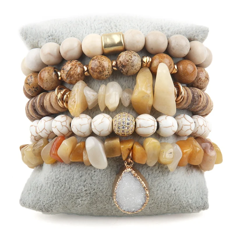 

New Women Jewelry Natural Gemstone Crystal Glass Wood Bracelet Peace Tassel Druzy Stack Bracelet Set