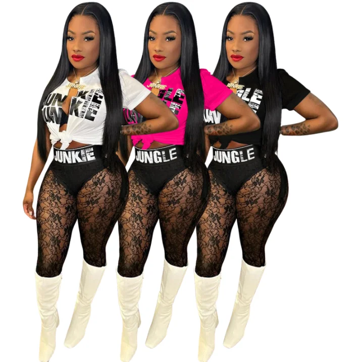 

Printed Letter Irregular T-shirt Split Tops With Lace trousers set See Through Summer y2k hip hop sexy women 2 piece set