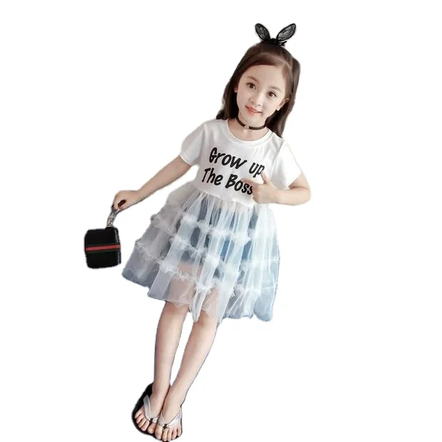 

2020 summer new product korean female baby letter short-sleeved stitching mesh children kids girls dress