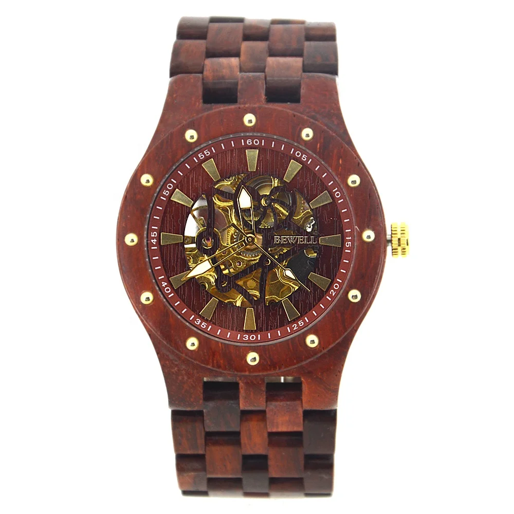 

Popular design mens watches automatic wood watch automatic waterproof mechanical watch with visible movement glass back