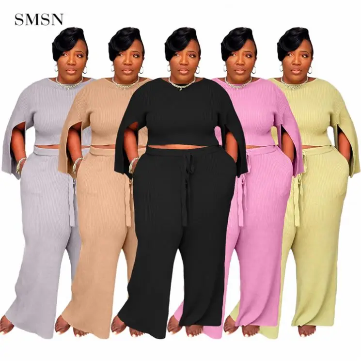

QueenMoen High Quality Short Top And Wide Leg Pants Two Piece Fat Women Rib Slit Sleeve Solid Color Plus Size 2 Piece Pants Set
