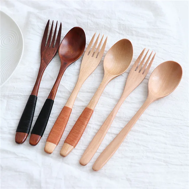 

Natural Wooden Spoon Fork Dinner Kit Rice Soups Utensil Cereal Handmade Home Tableware Dinnerware Cutlery kitchen accessories, As photo