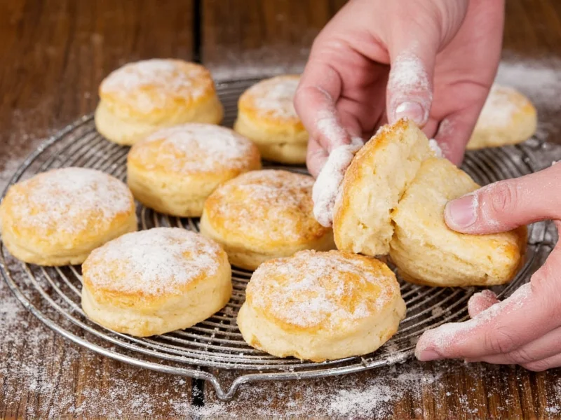 Golden homemade biscuits on wire rack with flour-dusted hands
