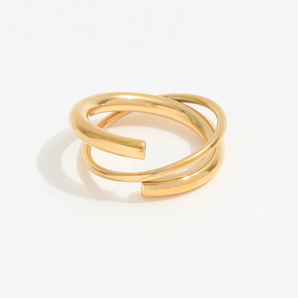 Joolim High End 18K Gold Plated Stainless Steel Round Lines Double-layer Cross Rings for Women Finger Ring Wholesale
