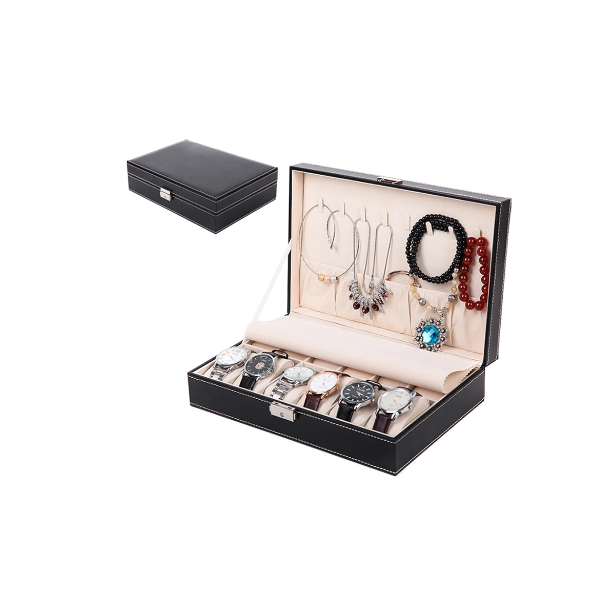 

Wholesale Earring Ring Necklace Collect Box Luxury Leather Jewelry Watch Display Storage Box With Metal Lock