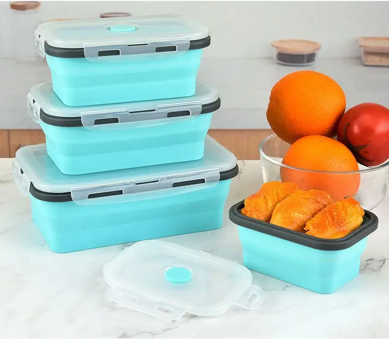 

Collapsible Lunch Box Silicone bento lunch box leakproof With 3 Compartments and Cutlery BPA-Free Food Container