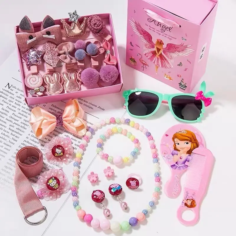 

Wholesale Fashion Childrens Necklace Bracelet Ring Earrings Jewelry Set Hair Accessories Set With Box For Girls