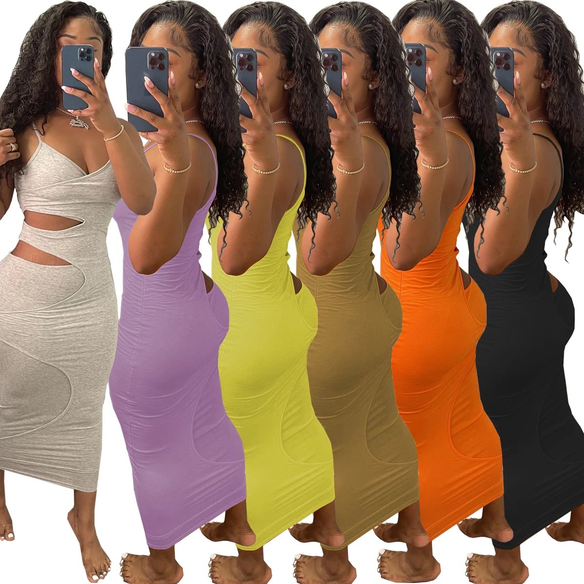 

2021 Summer Fashion Women Solid Bodycon Maxi Hollow Out Surplice Neck Cami Dress