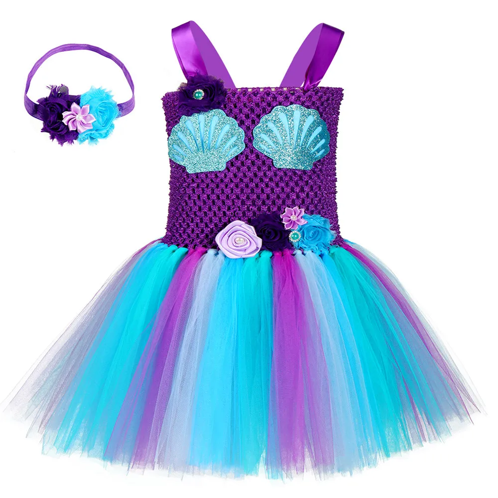 

High Quality Kids Party Clothing Colorful Shell Fluffy Mermaid Girl Sequin Tutu Dress With Headband