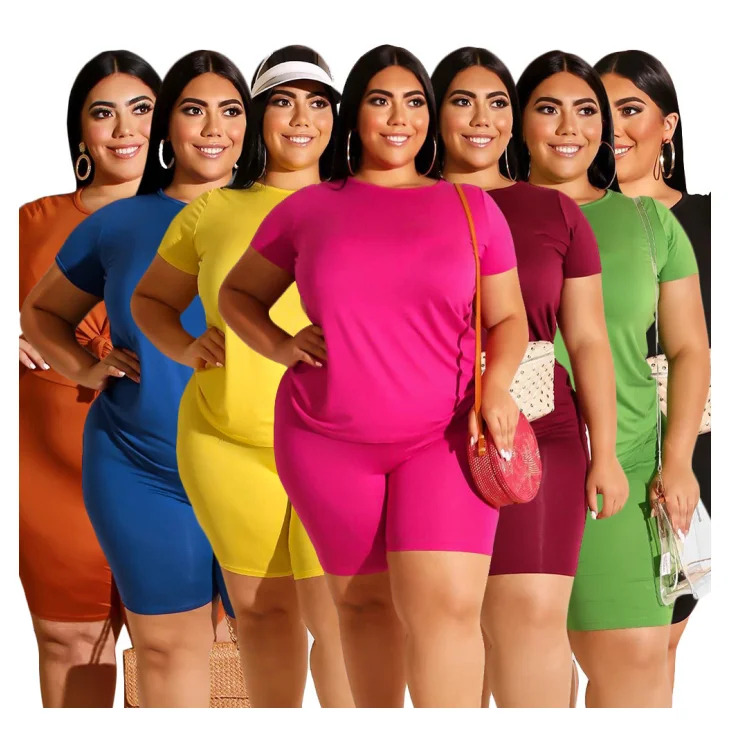 

2021 Women Fashion Summer 2PC Solid Color Plus Size Woman Sports Outfit Two Piece Plus Size Short Set, As pictures