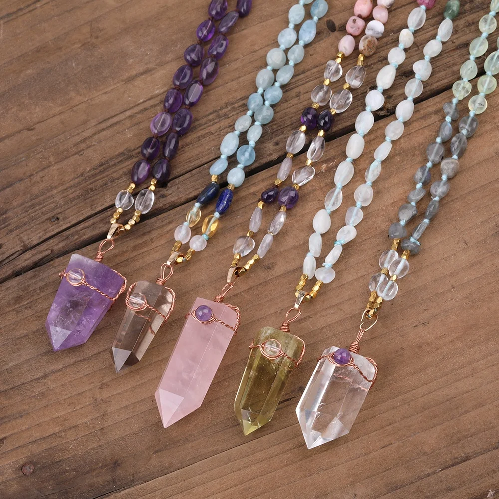 

Long Chips Handmade Beads Chain Raw Citrine Quartz Crystal Point Pendant Necklace, Various for choice