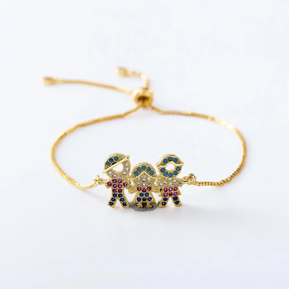 

New Cute Adjustable Copper Rainbow CZ Family Charm Bracelet Colorful Cubic Zirconia Mom Dad Kids Family Bracelets