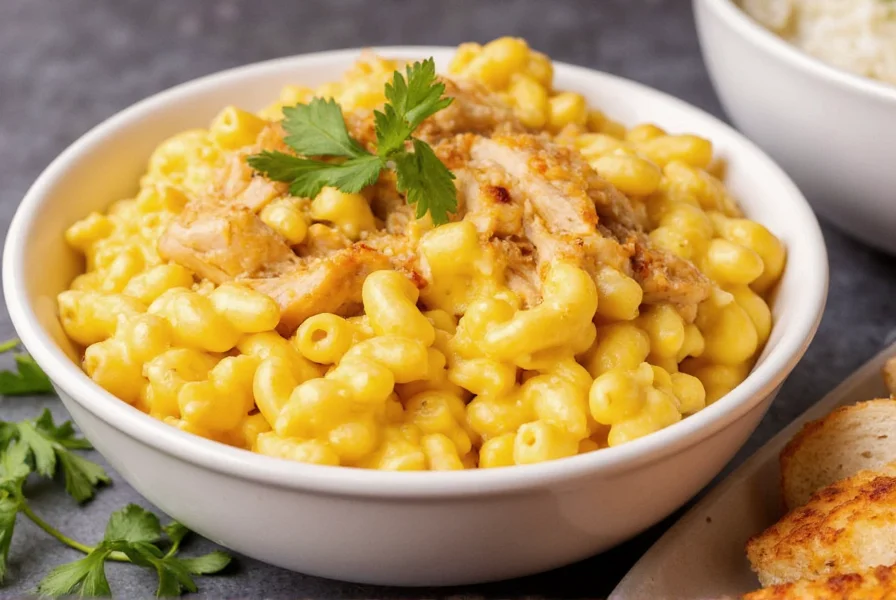 Pepper jack mac and cheese served in bowl with grilled chicken on side and fresh herbs garnish