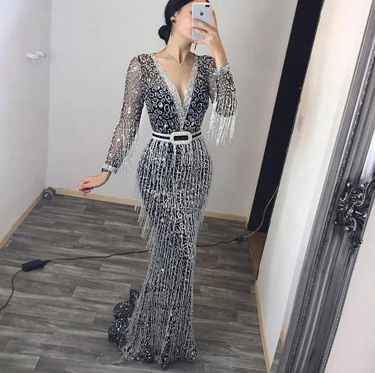 

Wholesale tassel embellished formal luxury gown party elegant ladies long sleeve sexy women evening dresses, Customized color
