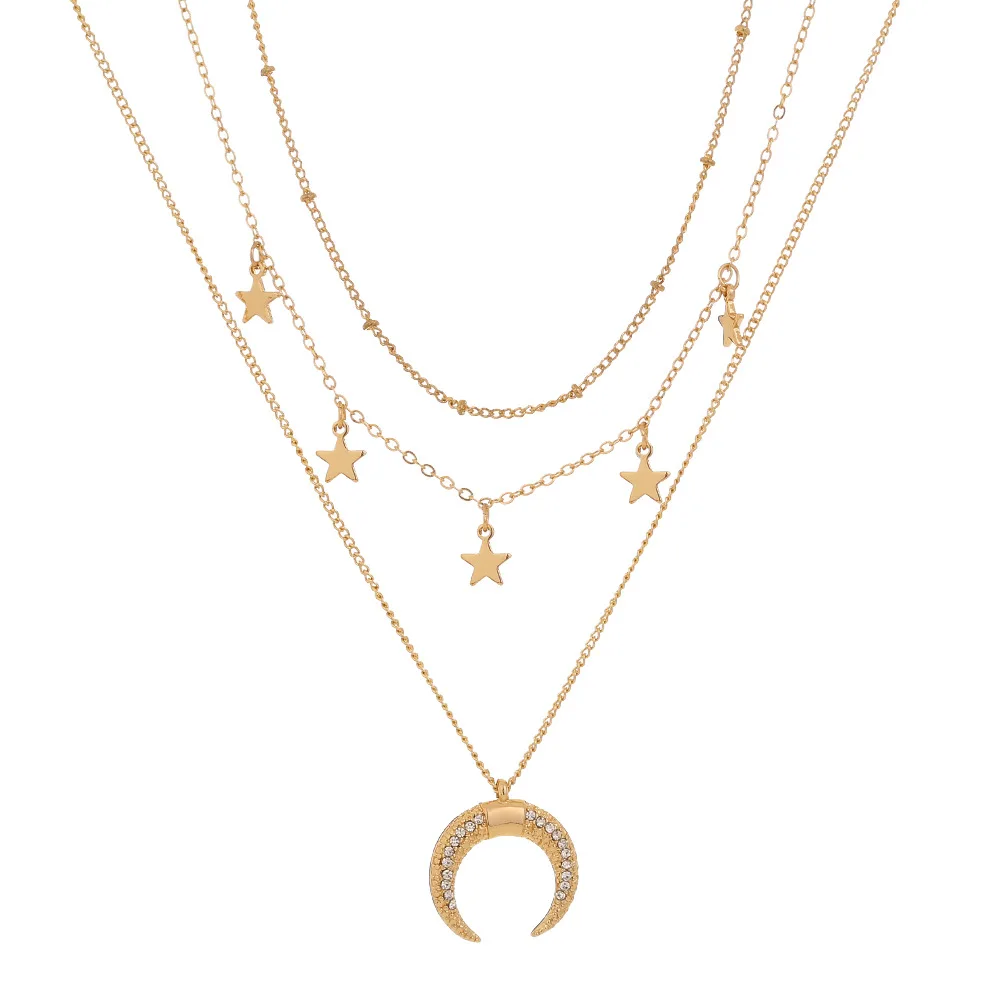 

Trendy Gypsy Girl Style Lucky Star Charm Necklace 18K Gold Alloy Diamond Cresent Moon Pendant Multi Layer Necklace