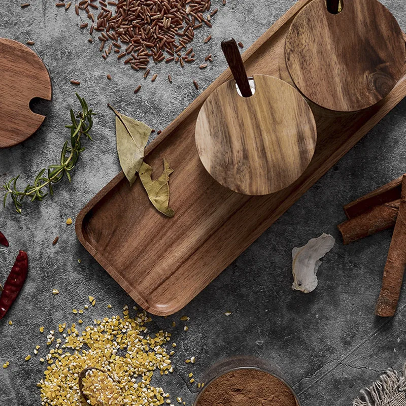 

Amazon hot sales acacia wood tray with glass seasoning can, acacia wood seasoning box set