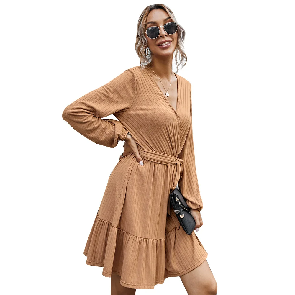 

Elegant V-neck Tie Rope Sleeve Dress Long Maxi Shirt Dresses Women Casual