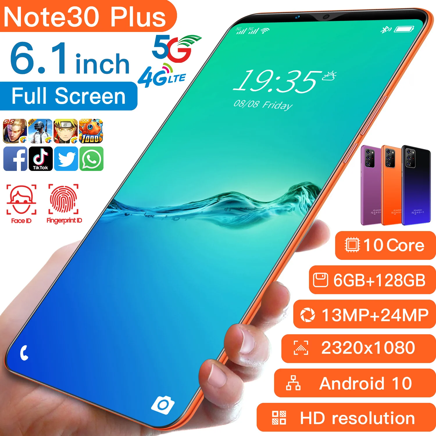 

New Note30 plus 5.7inch Is the camera Androidphone RAM6GB+ROM128GB phone Face unlock smartphone, Black-blue gradient, purple, orange