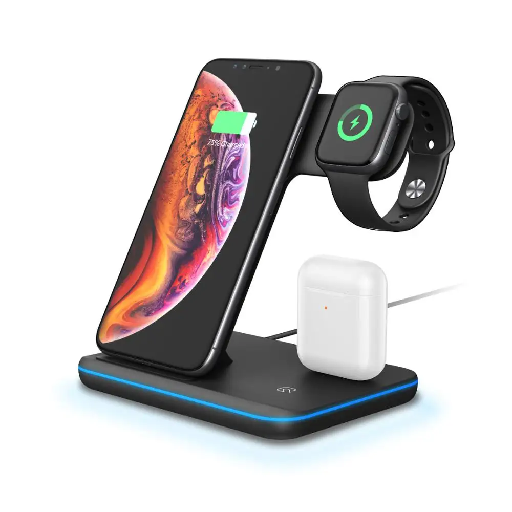 

Weluv 3 in 1 wireless charger QI standard charging organized dock station organazitonfor apple watch for smartphone for airpod, Black white