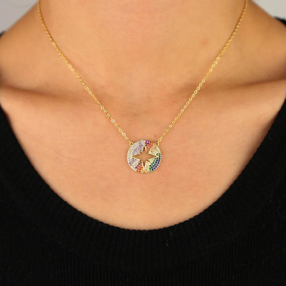 

2021 fashion high quality gold jewelry necklace engraved northstar micro pave rainbow mixed color CZ necklace for women