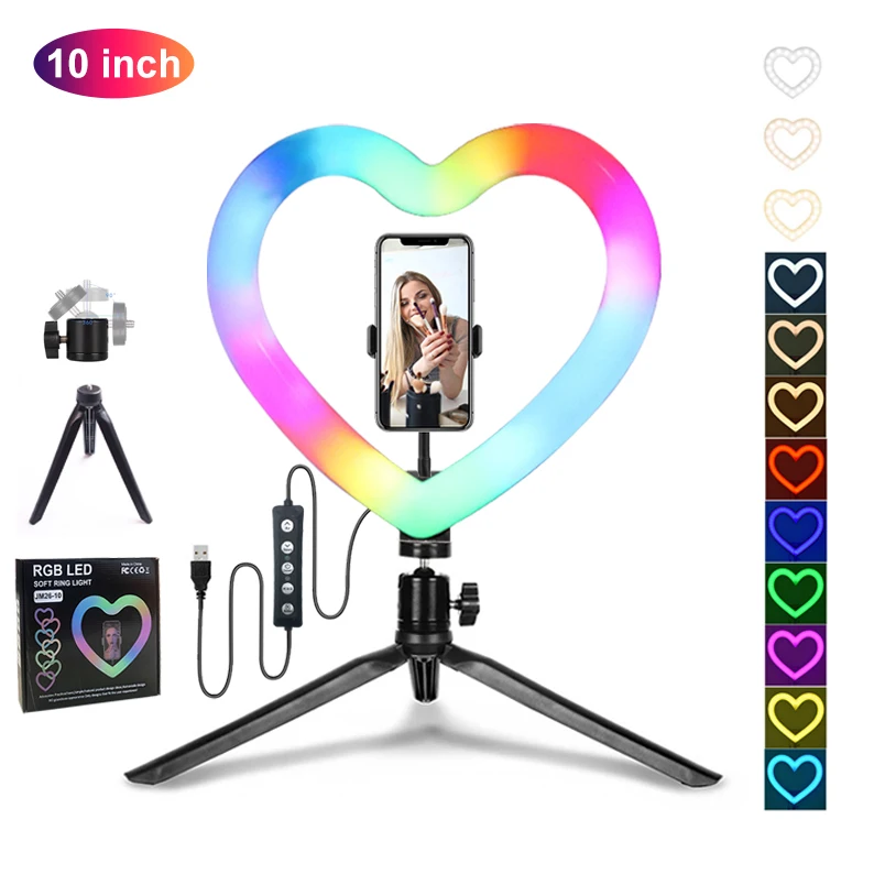 

New Arrivals led fill lamp 10" heart ring light with desktop tripod stand photographic lighting for live streaming youtube