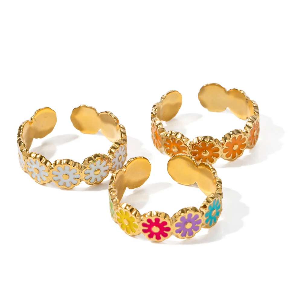 

Summer Colorful Flower Ring 18K PVD Gold Plated Stainless Steel Hand Making Oil Drop Craft Open Ring Set