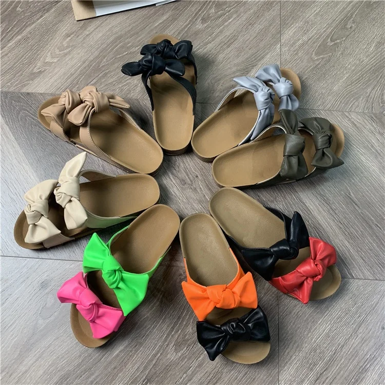 

Wholesale Fashion Summer Double Bows Ladies Sandals Slide Flat Beach Slippers For Women, Customized color