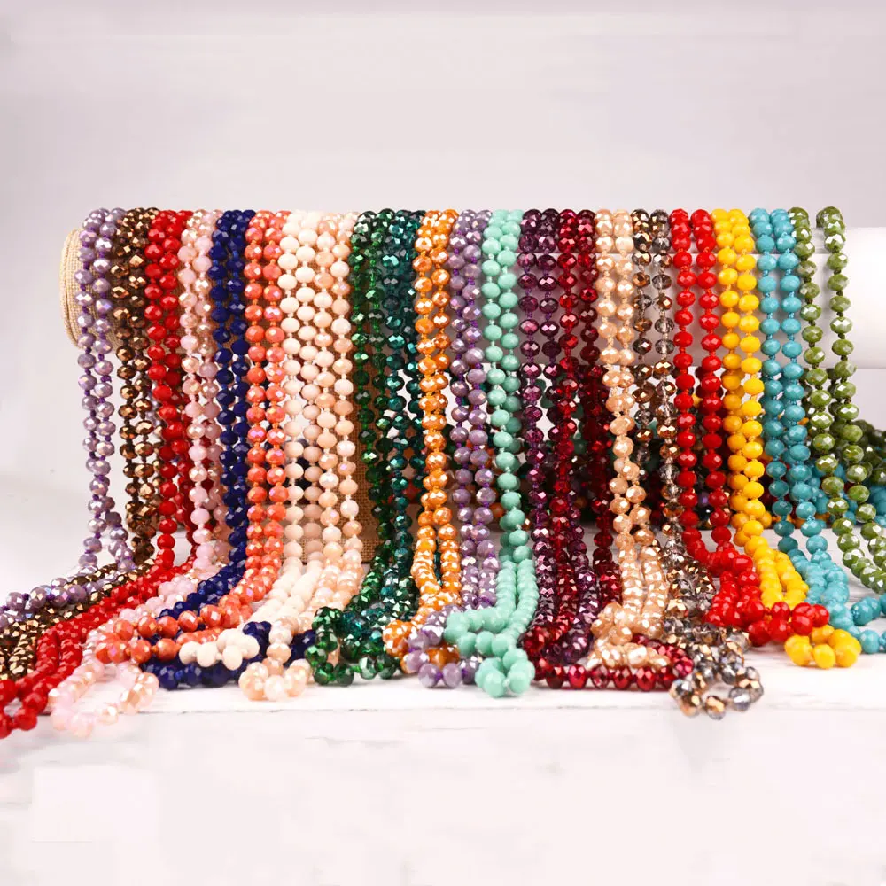 

Wholesale 64 Color 60 Inch Handmade Multicolor 8mm Knotted Matt Long Crystal Bead Necklaces, As picture