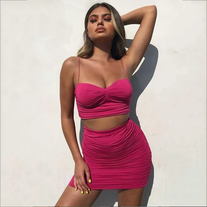 

2020 New arrivals women sexy spaghetti strap top bra and skirt two piece set bodycon women ladies clothing