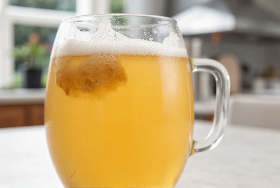 Homemade ginger ale in glass bottles showing natural carbonation and fresh ginger pieces