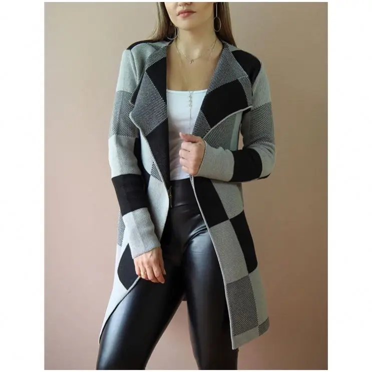 

2019 Shenzhen Factory Women Plaid Long Coat With Turndown Collar Women Coat