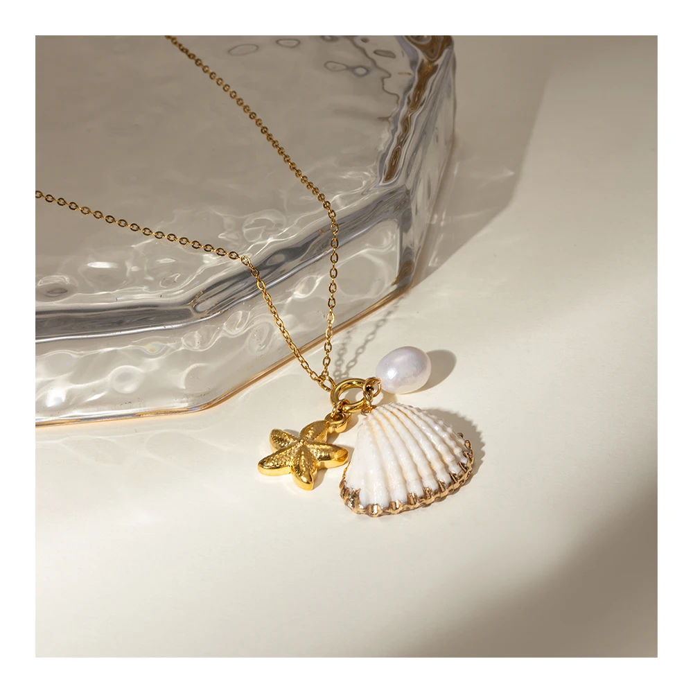 YF3786 Stainless Steel Tarnish Free Jewelry Set 18k Gold Plated Waterproof Starfish Shell Pendant Pearl Necklace Bracelet