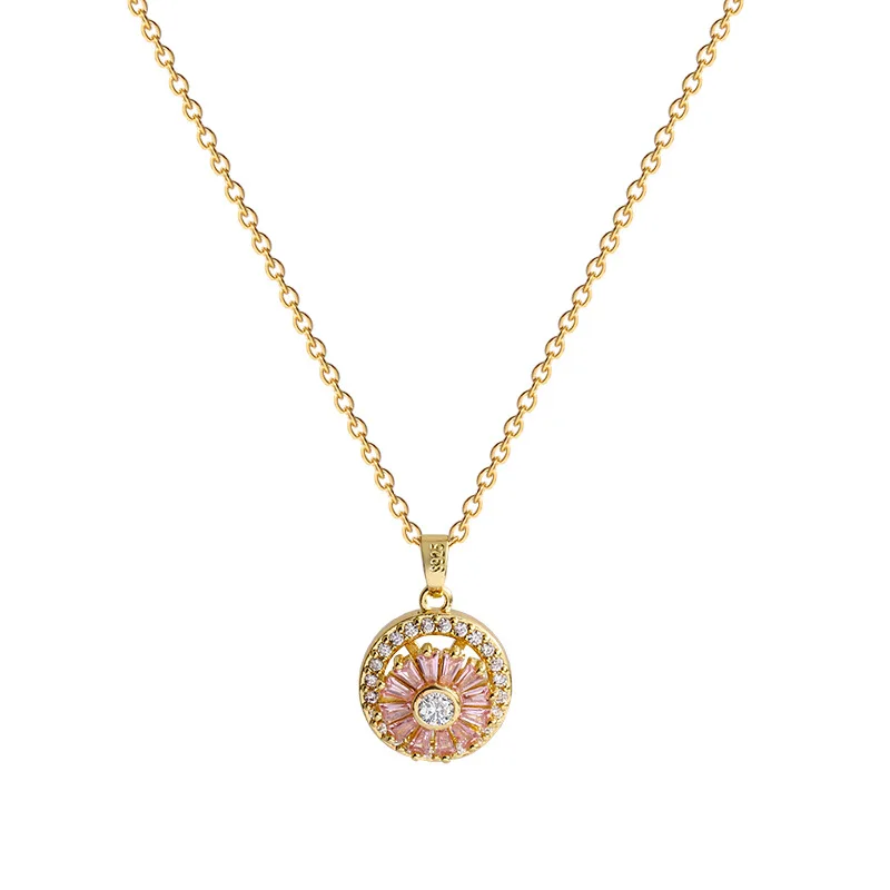 

2021Wholesale Circle Pink Zircon Spinning Pendant Necklace Gold Crystal Pendant Stainless Steel Necklace, As picture