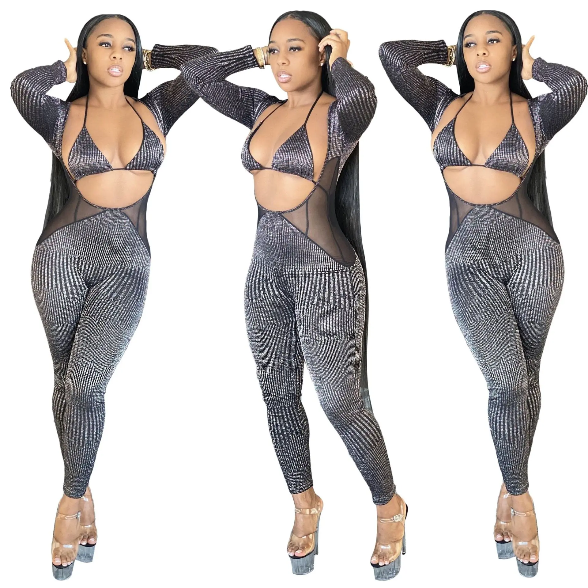 

M0025 Sexy shiny ribbed 2 piece set sheer jumpsuit 2020 club outfits for women