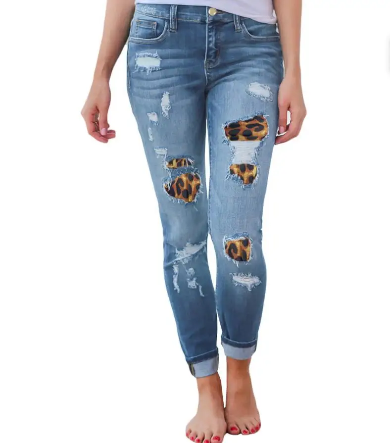 Chic Sexy Super elastic Fashion leopard print hole patch women Skinny denim jeans