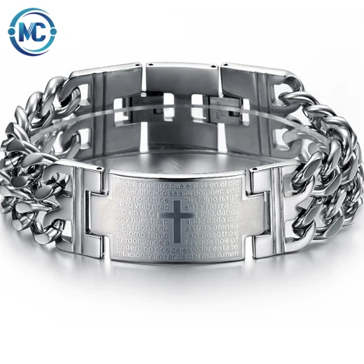 

Punk Jesus Cross Bracelets Gold Tone Stainless Steel Bracelets Men Jewelry Male Charm Bangle Double Hand Chain Man Wristband