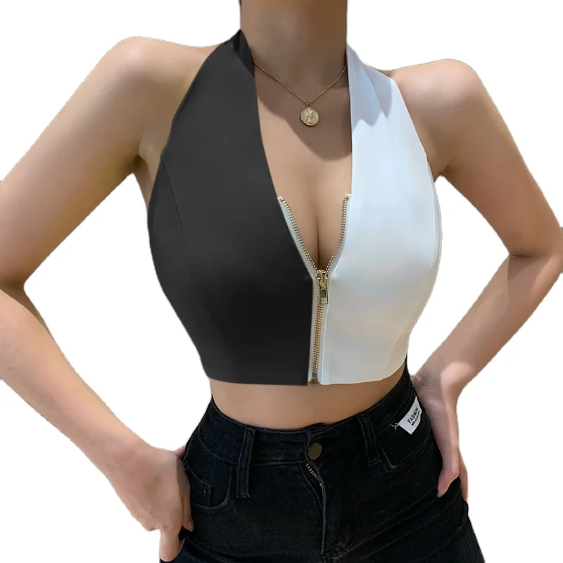 

Women Contrasting Color Tank Top Stitching Halter Zipper V Neck Backless Slim Crop Tops, Black and white, yellow and white