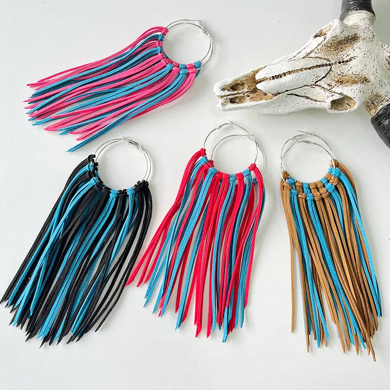 

2023 Western Cowboy Leather Tassel Hoop Earrings For Woman Colorful Boho