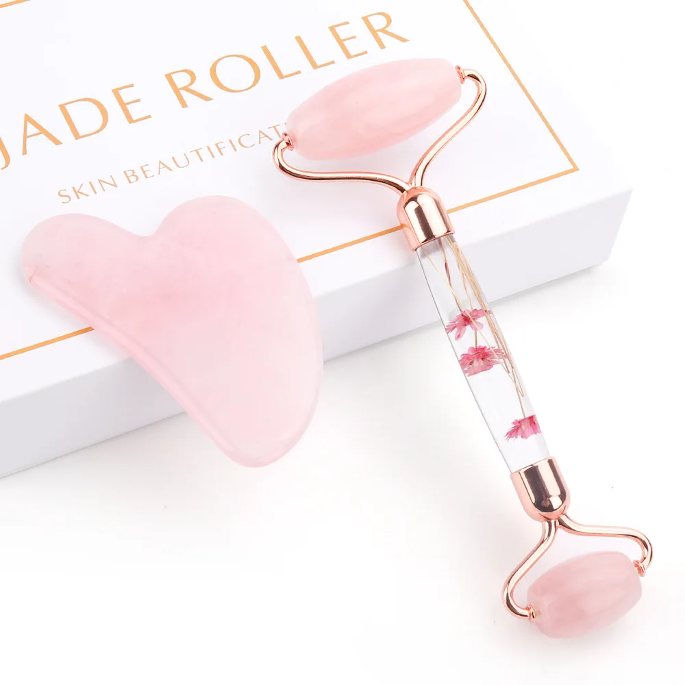 

Hot Selling OEM Private Label Wholesale Natural Rose Quartz Pink Jade Roller for Face with flower handle