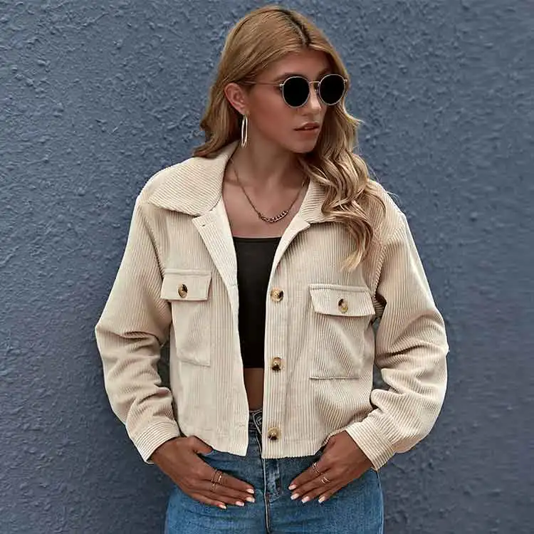 

2021 Wholesale Winter Women's Jackets & Coats Button Front Patch Pocket Long Sleeve Crop Casual Jacket For Ladies Women, Customized color