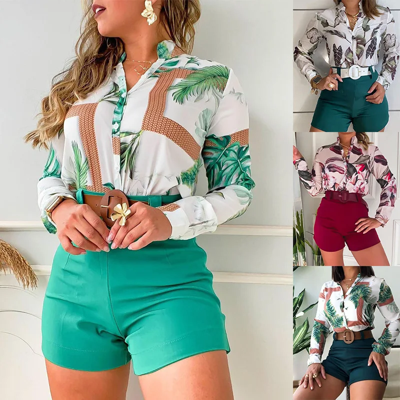 

Wholesale Fashion Casual Women's Long Sleeve Shirts And Shorts Suits Two Piece Short Set
