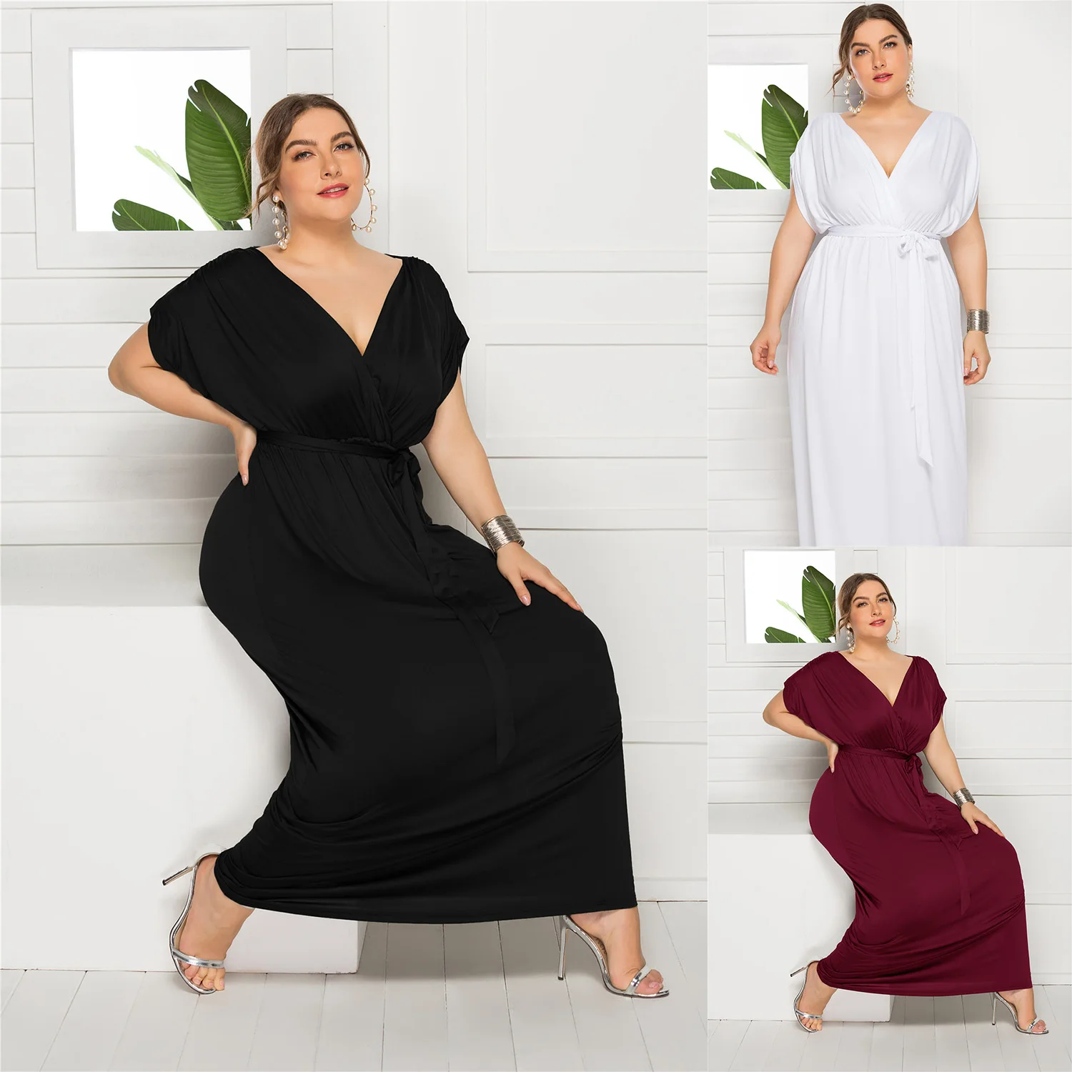 

Wholesale Plus Size Clothes New Sexy Solid Color V-neck Loose Big Swing Dress