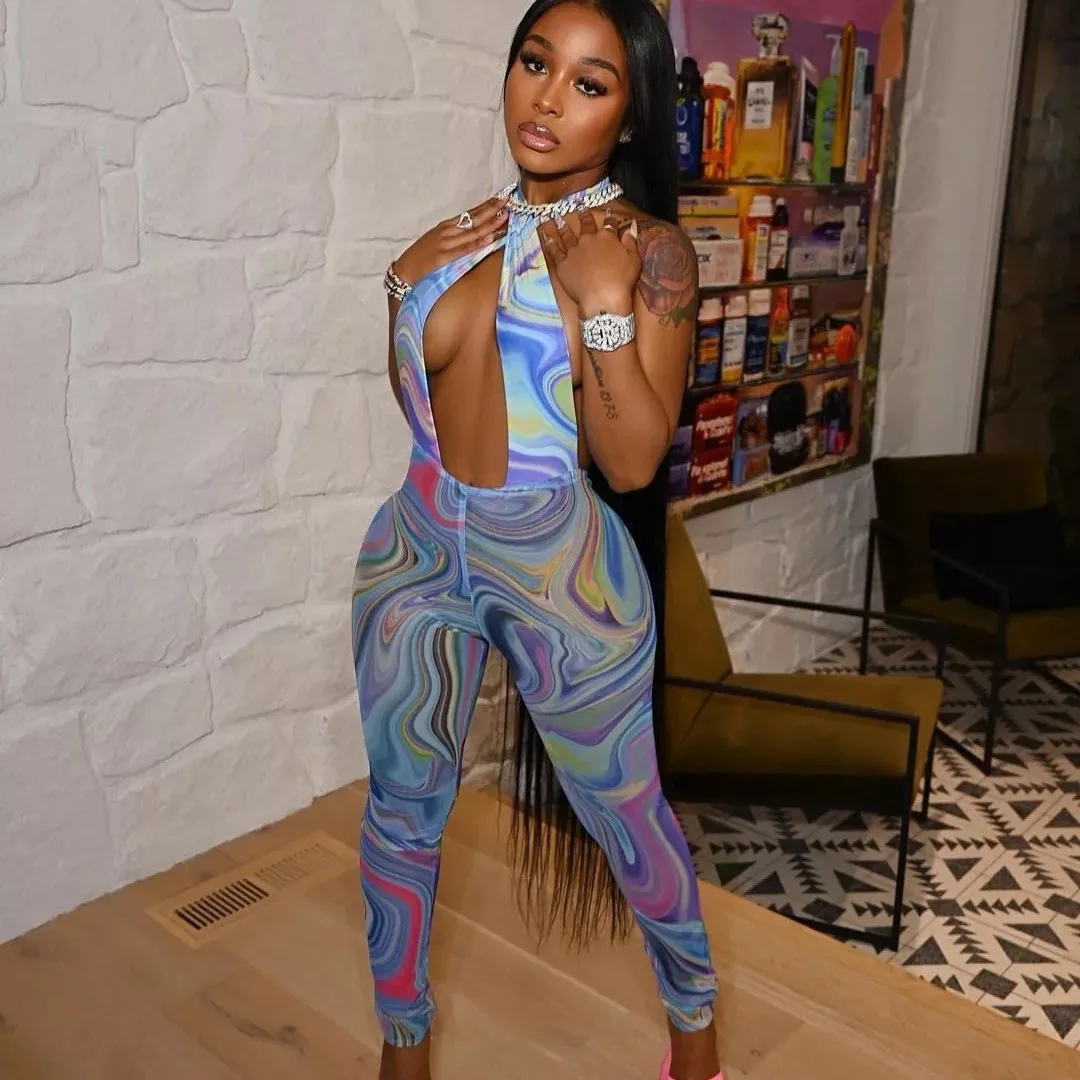 

Summer color matching XS abstract printing halter graffiti mesh jumpsuits for women pants