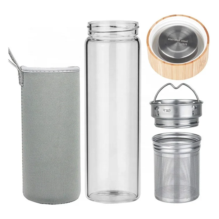 20oz Travel Tumbler BPA-Free Best Fruit and Tea Infuser Double Mesh Filter Borosilicate Glass Water Bottle with Neoprene Sleeve 