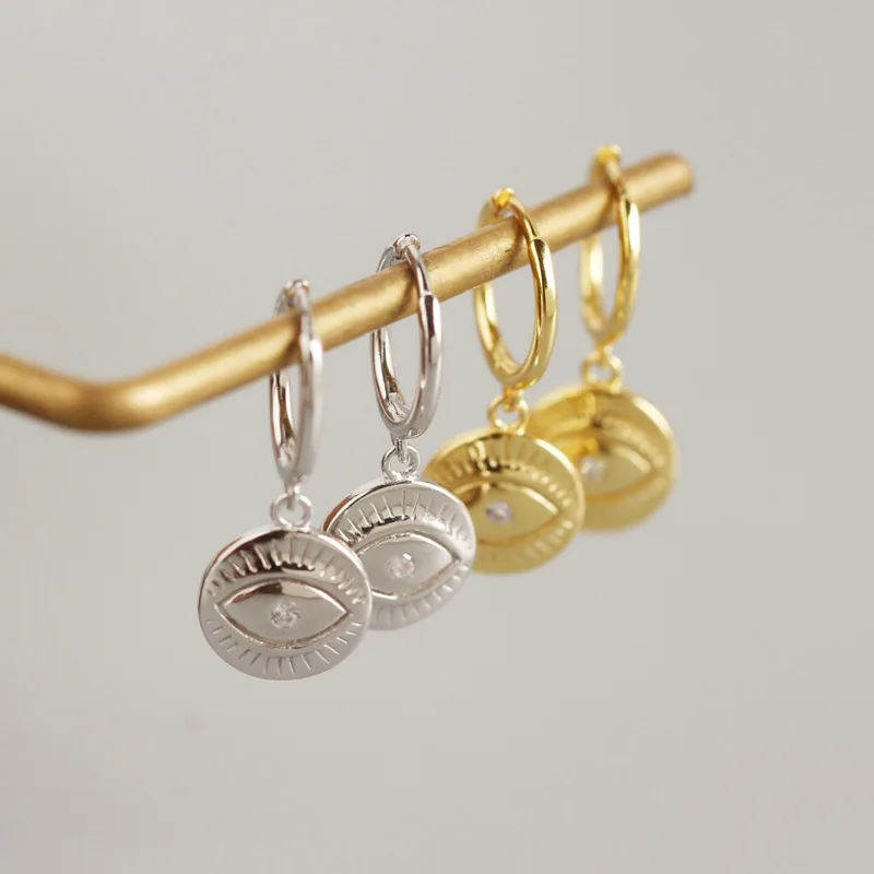

VRIUA 925 Sterling Silver Charming Geometric Minimalist Zircon Hoop Earring for Women Moon/Shell/Eye Of Devil Gold Round Earring, Gold sliver