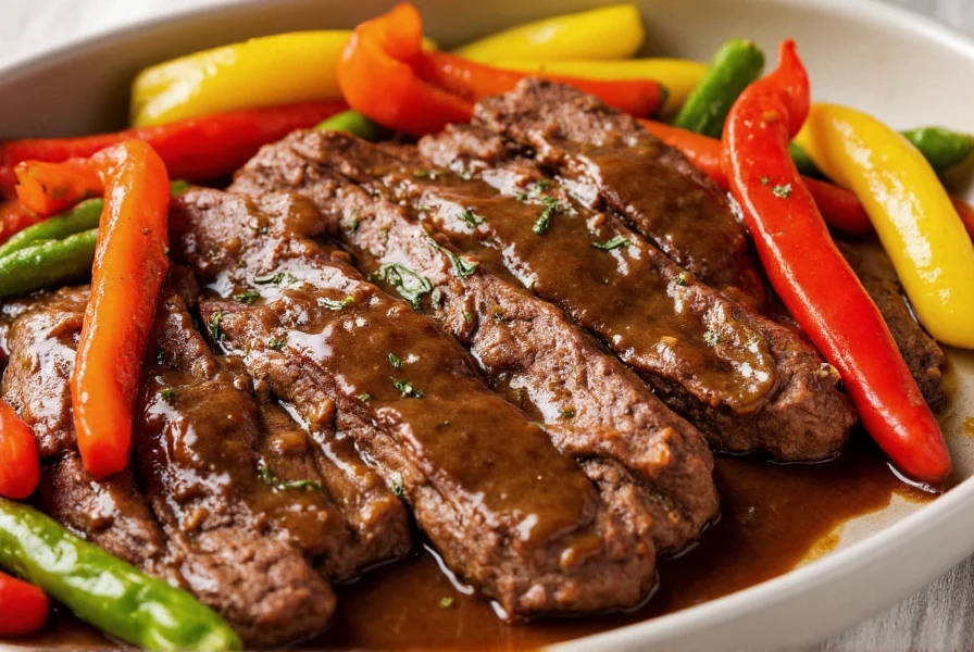 Finished pepper steak dish with glossy sauce coating tender steak and colorful bell peppers