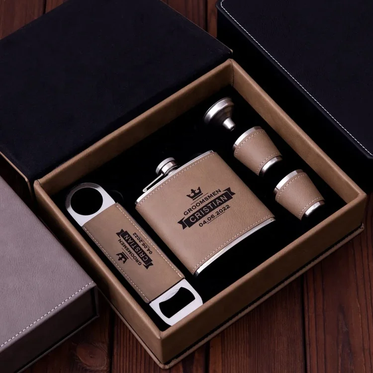 

Personalized Custom 6oz Hip Flask And Bottle Opener Wedding Men Birthday Box Laser Engraved Leatherette Groomsmen Gift Set