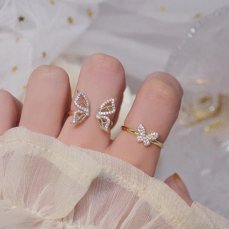 

Fashion Open Adjustable Butterfly Ring Gold Plated Zircon Butterfly Finger Rings Gold Hollow Butterfly Ring for Women