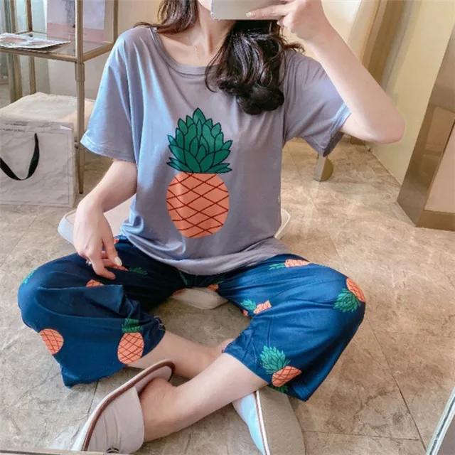 

Summer Thin Short Sleeved Seven Minute Pants Printed Mickey Suit Girls Cute Cartoon Pattern Milk Silk Pajamas, As show